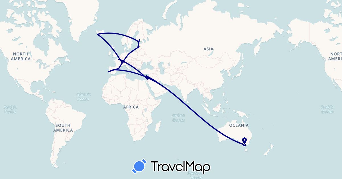 TravelMap itinerary: driving in Australia, Switzerland, Cyprus, Germany, Estonia, Spain, Finland, France, Israel, Iceland, Latvia, Portugal, Qatar (Asia, Europe, Oceania)