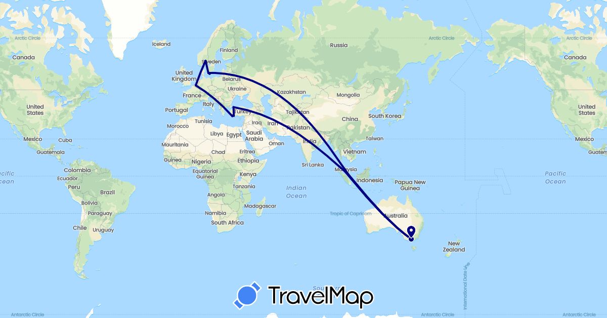 TravelMap itinerary: driving in Australia, Belgium, Denmark, Greece, Malaysia, Norway, Sweden, Singapore, Turkey (Asia, Europe, Oceania)