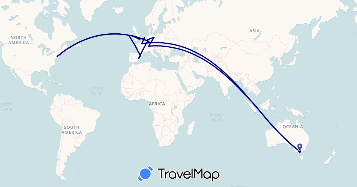 TravelMap itinerary: driving in Australia, Switzerland, Germany, Spain, France, United Kingdom, Ireland, Netherlands, Singapore, United States (Asia, Europe, North America, Oceania)
