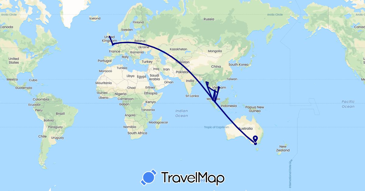 TravelMap itinerary: driving in Australia, United Kingdom, Cambodia, Myanmar (Burma), Malaysia, Singapore, Thailand, Vietnam (Asia, Europe, Oceania)